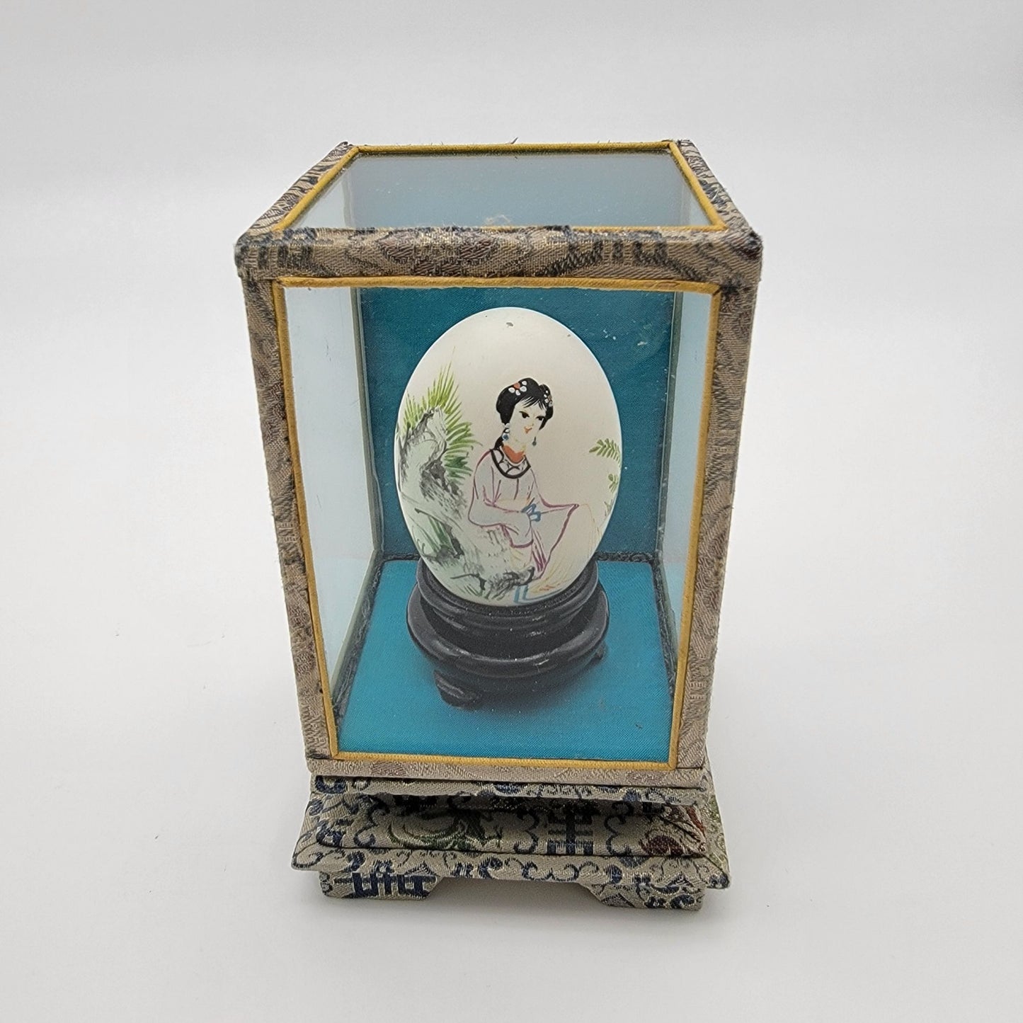 Vintage Asian Handpainted Geisha Egg in Silk Wrapped Glass Display Case