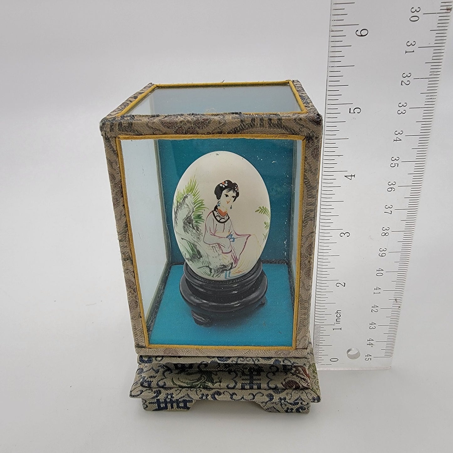 Vintage Asian Handpainted Geisha Egg in Silk Wrapped Glass Display Case