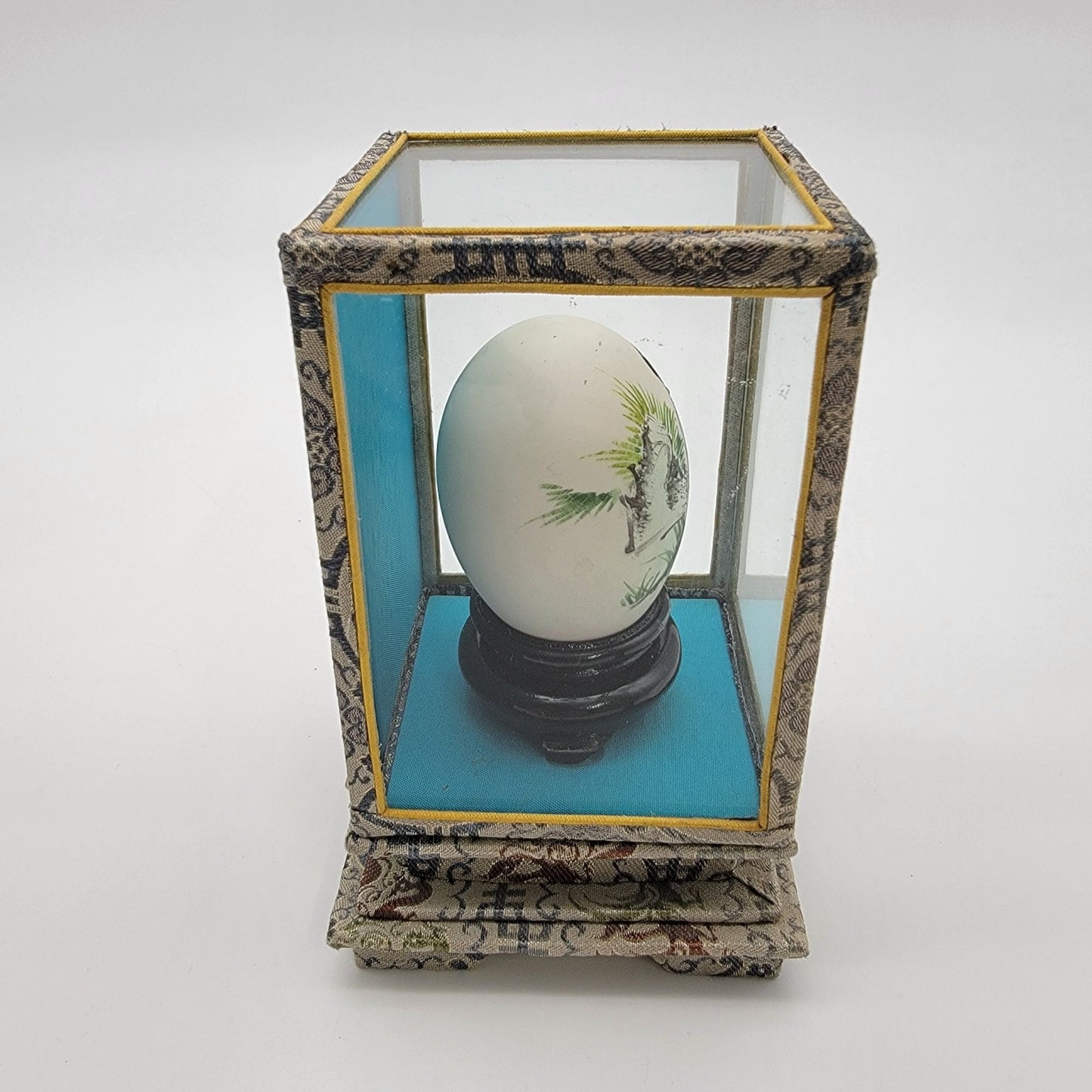 Vintage Asian Handpainted Geisha Egg in Silk Wrapped Glass Display Case