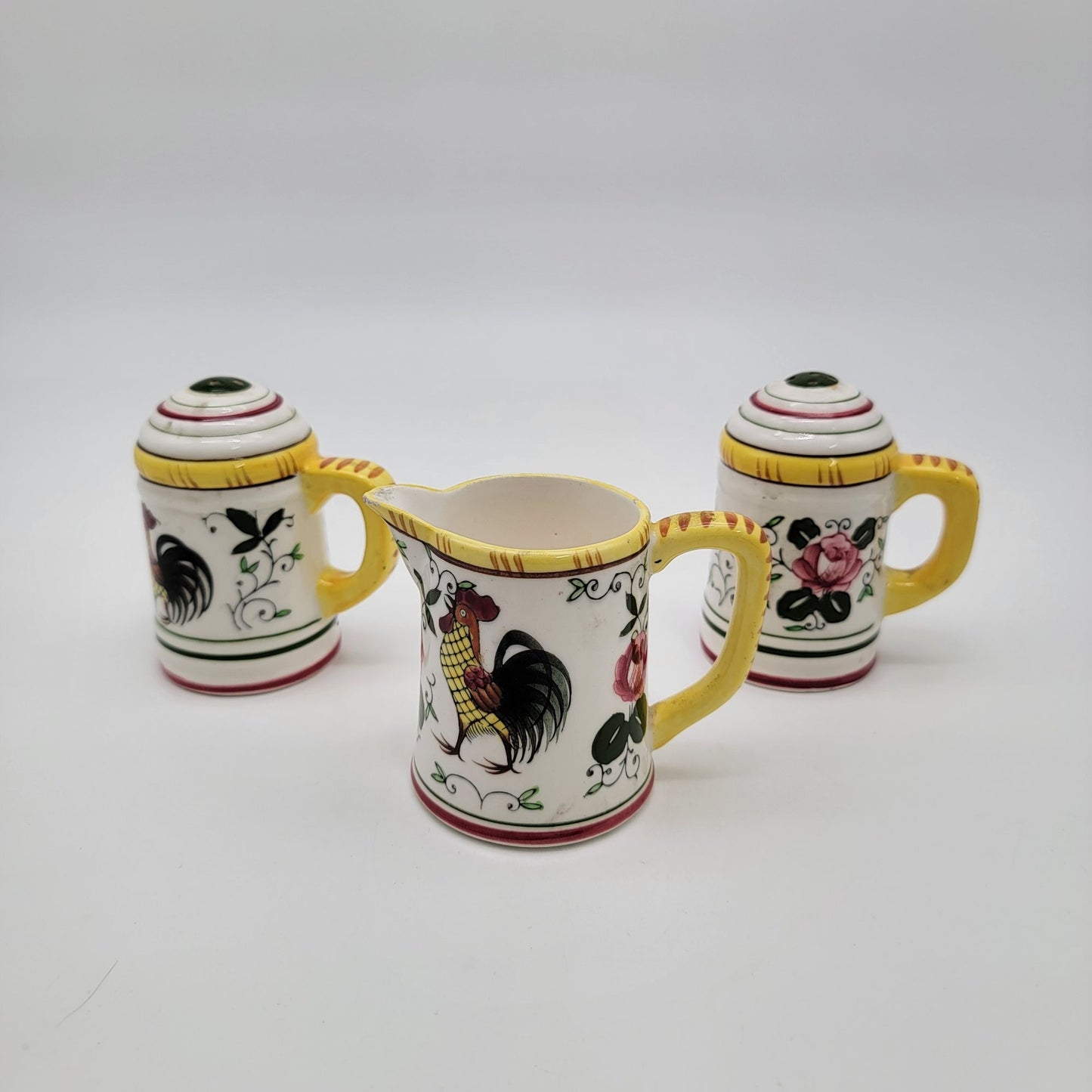 Ucagco PY Vintage Provincial Rooster & Roses Milk Pitcher & Salt And Pepper Shaker Set