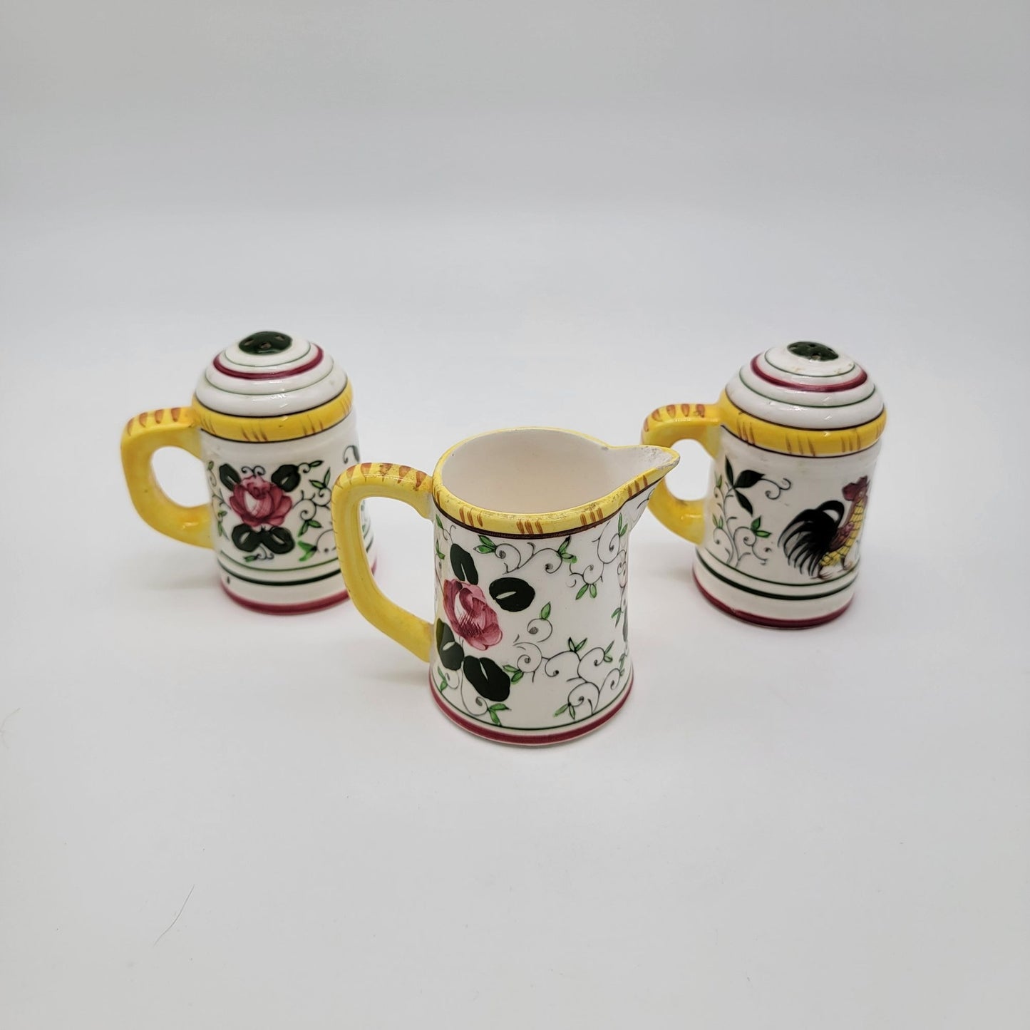 Ucagco PY Vintage Provincial Rooster & Roses Milk Pitcher & Salt And Pepper Shaker Set