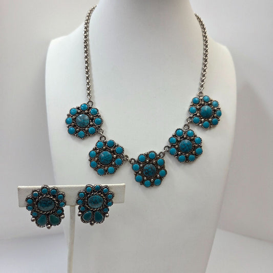 1950s Sancrest Silver-Tone Synthetic Turquoise Necklace & Screwback Earrings Set