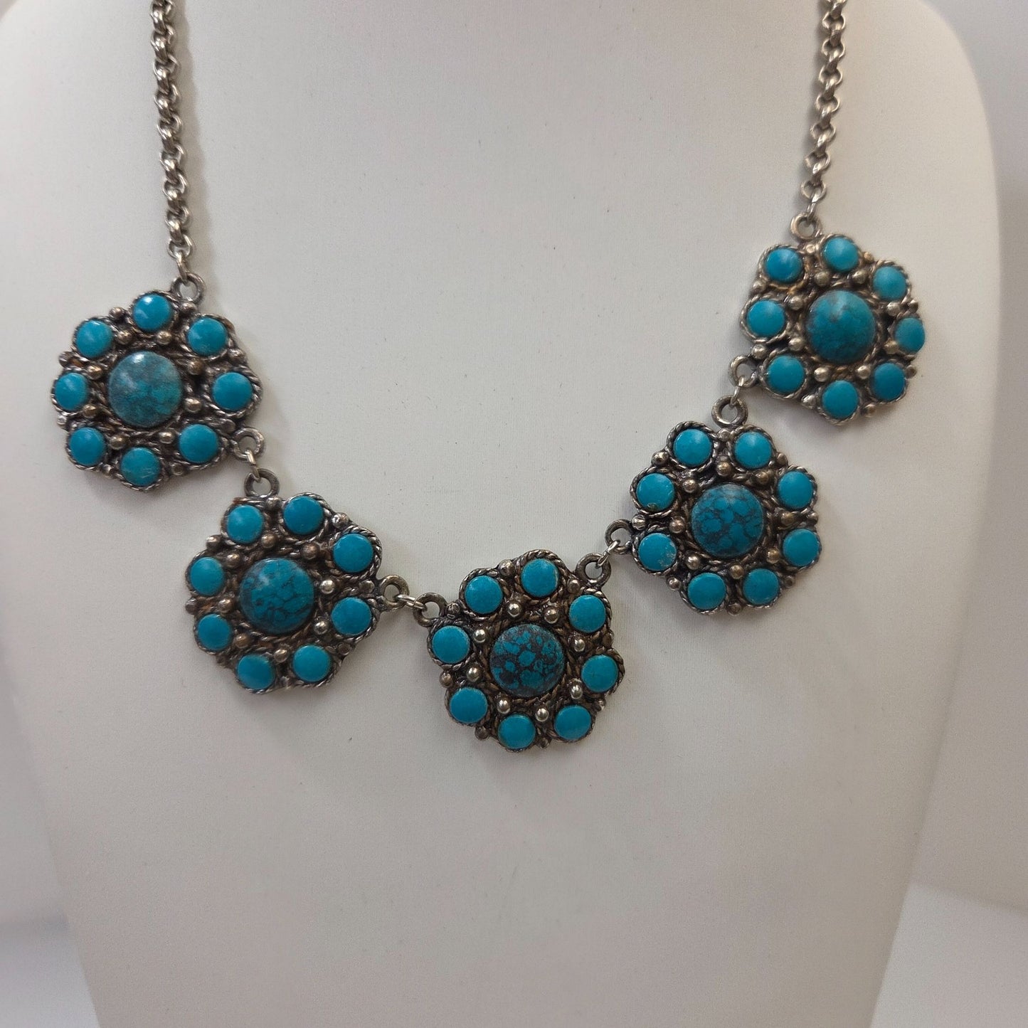 1950s Sancrest Silver-Tone Synthetic Turquoise Necklace & Screwback Earrings Set