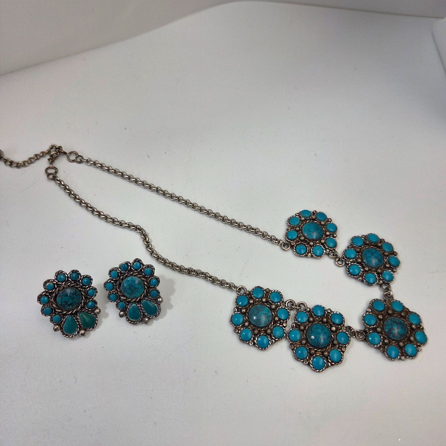 1950s Sancrest Silver-Tone Synthetic Turquoise Necklace & Screwback Earrings Set