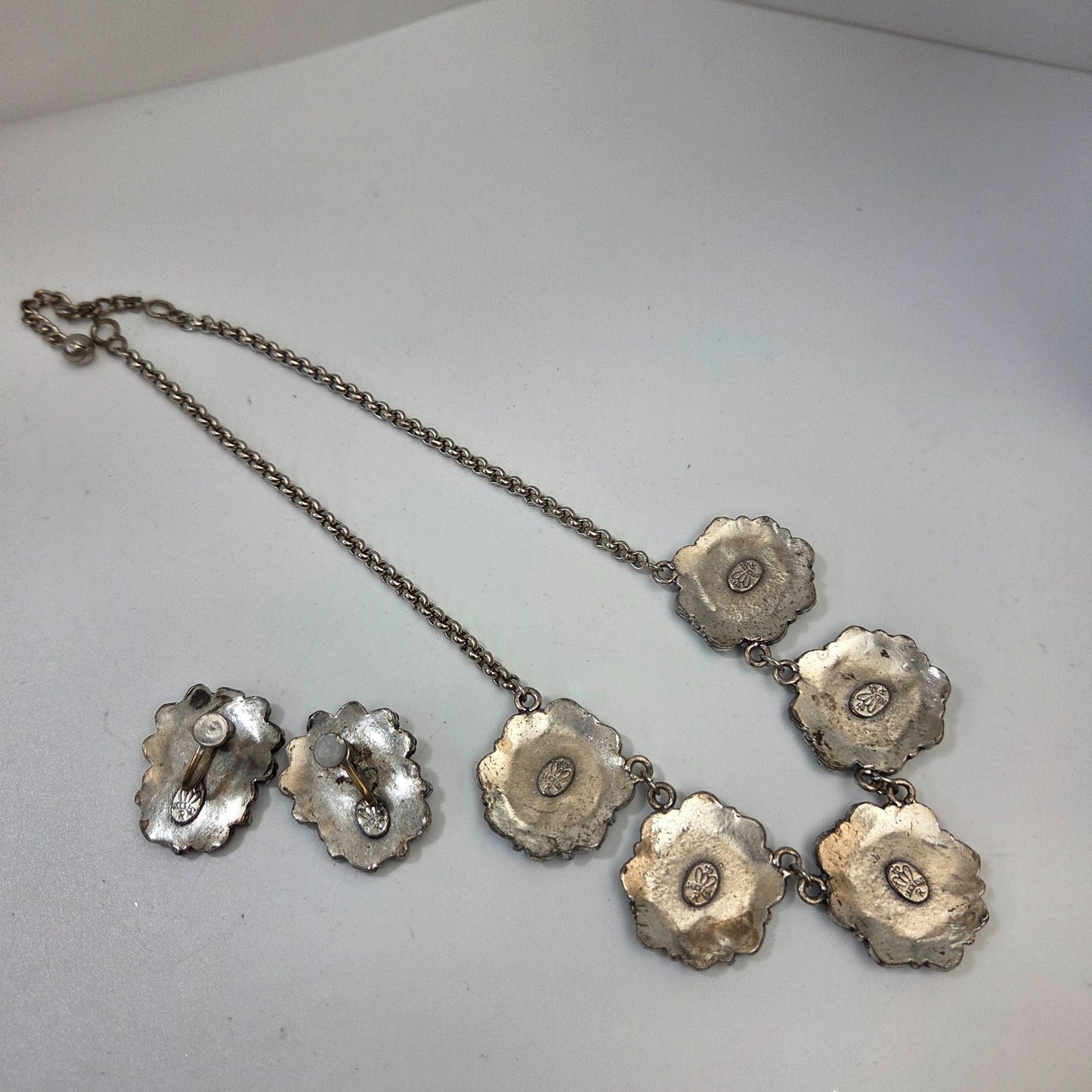 1950s Sancrest Silver-Tone Synthetic Turquoise Necklace & Screwback Earrings Set