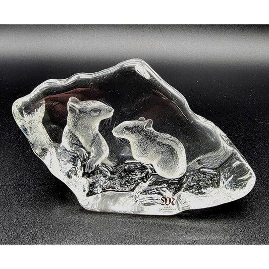 Mats Jonasson Crystal Chipmunks  Paperweight  Signed MJ Sweden 3657