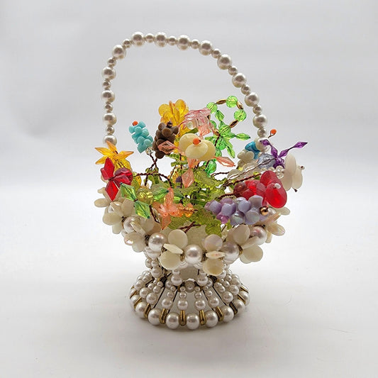 Vintage 1960's Kitsch Safety Pin Beaded Flower Basket