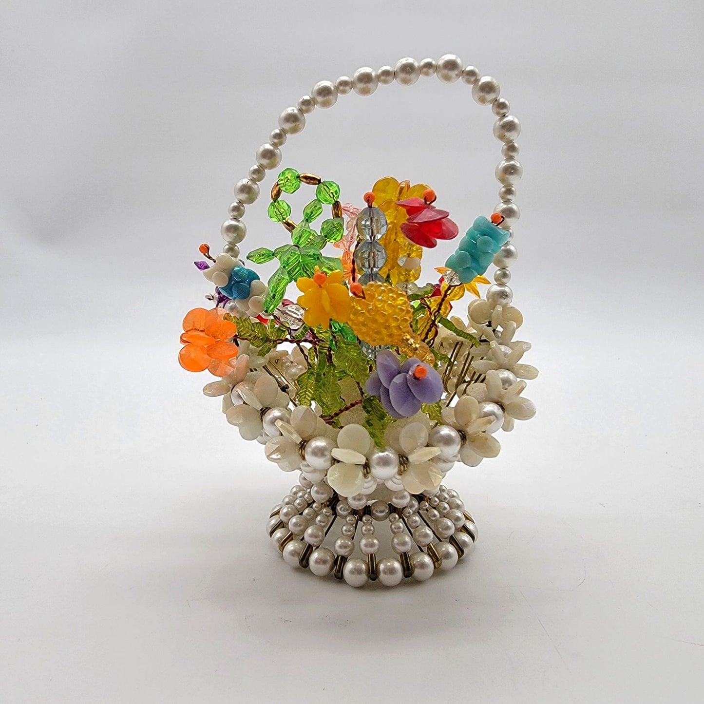 Vintage 1960's Kitsch Safety Pin Beaded Flower Basket