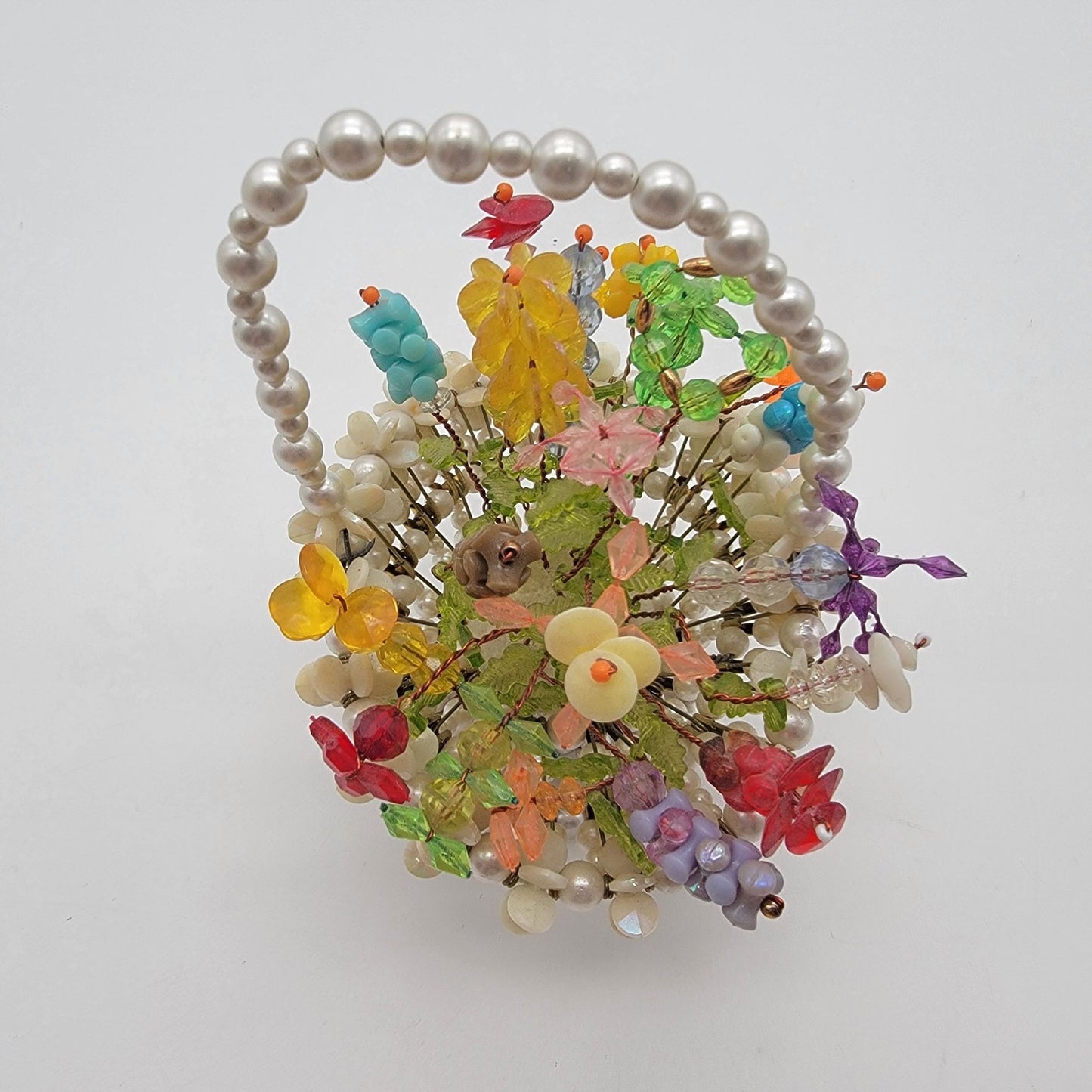 Vintage 1960's Kitsch Safety Pin Beaded Flower Basket