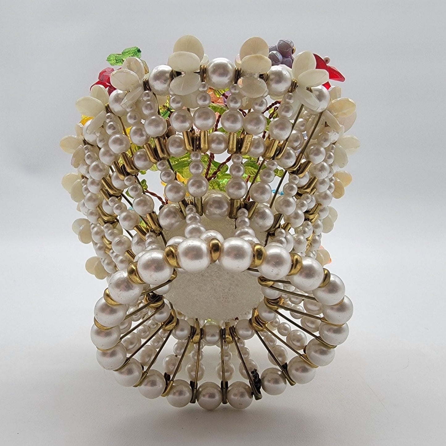 Vintage 1960's Kitsch Safety Pin Beaded Flower Basket