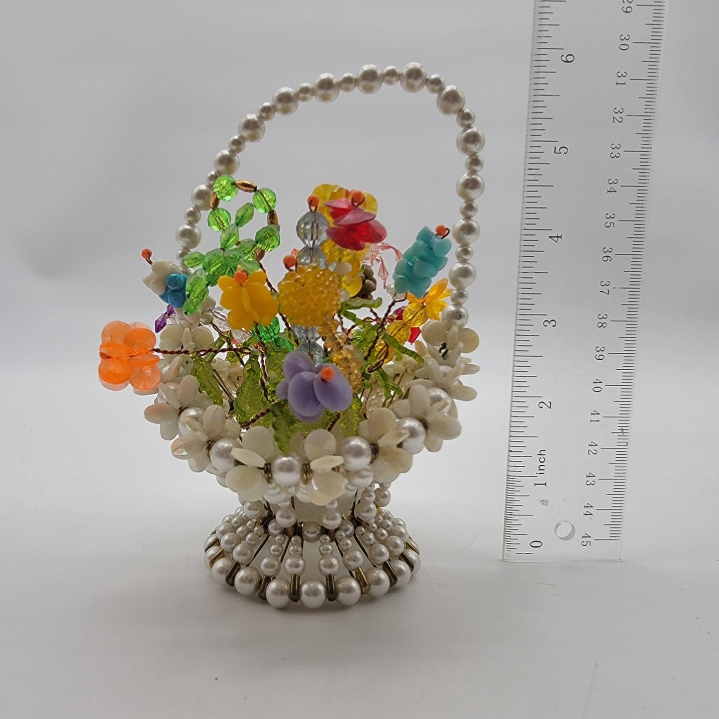 Vintage 1960's Kitsch Safety Pin Beaded Flower Basket