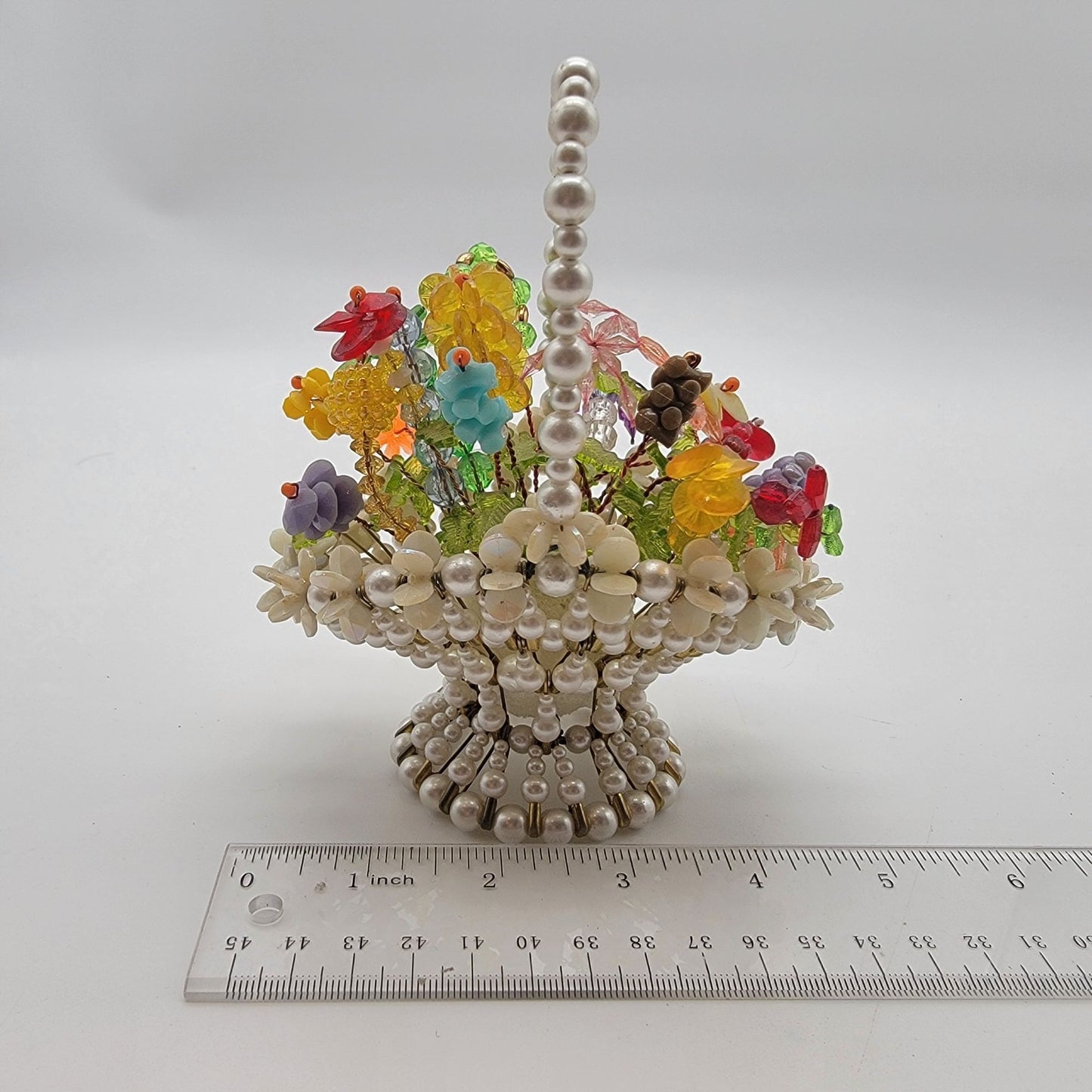 Vintage 1960's Kitsch Safety Pin Beaded Flower Basket