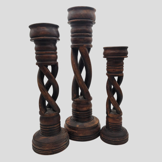 Set Of  Large Open Barley Twist Wood Candle Holders