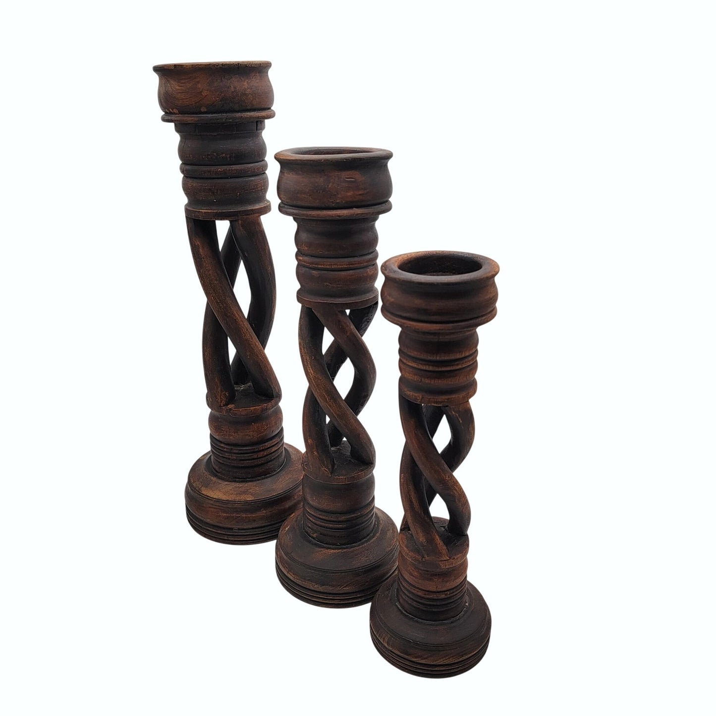Set Of  Large Open Barley Twist Wood Candle Holders