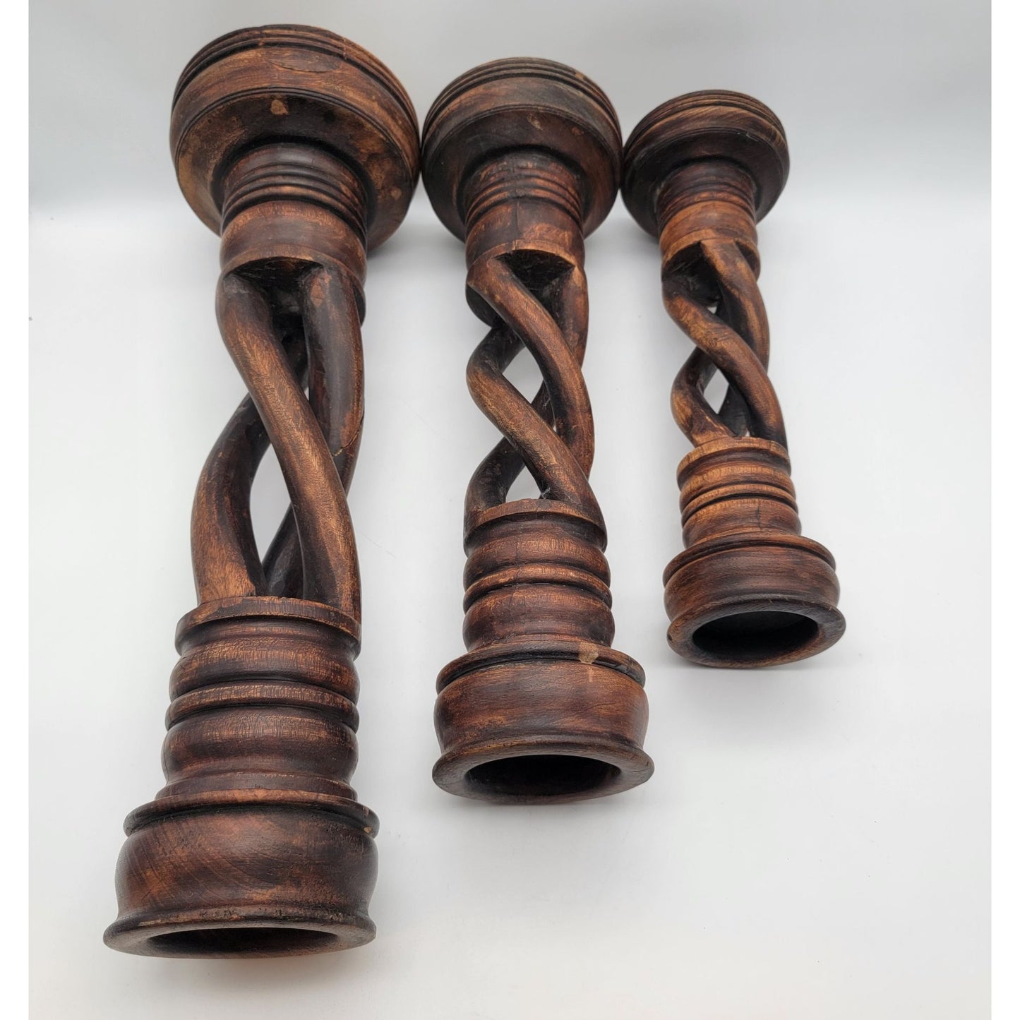 Set Of  Large Open Barley Twist Wood Candle Holders