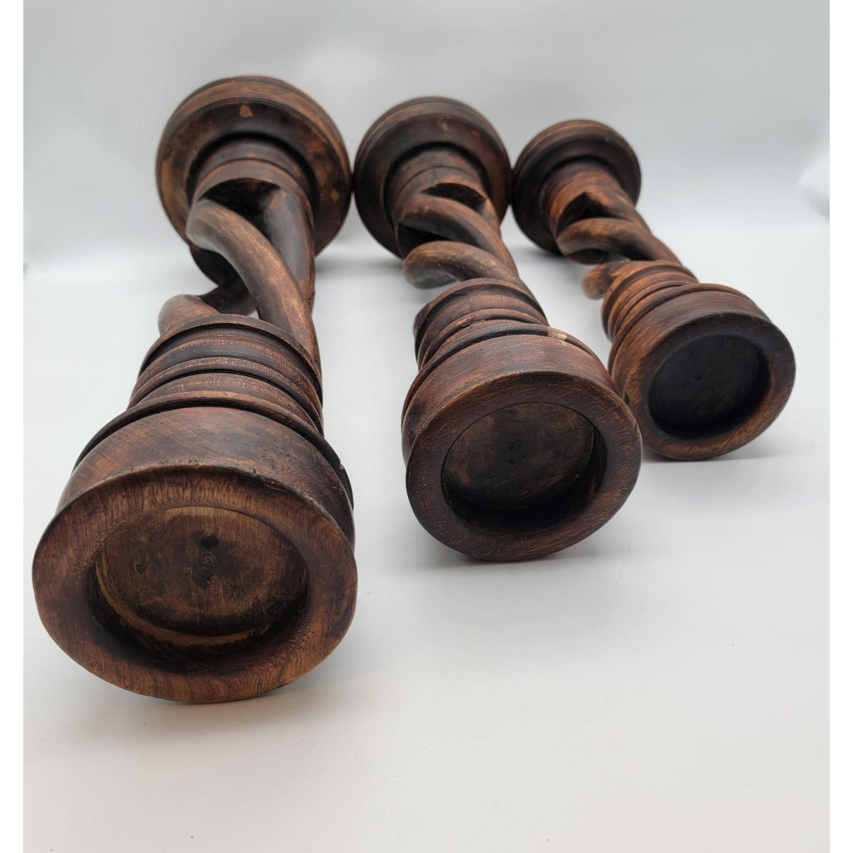 Set Of  Large Open Barley Twist Wood Candle Holders