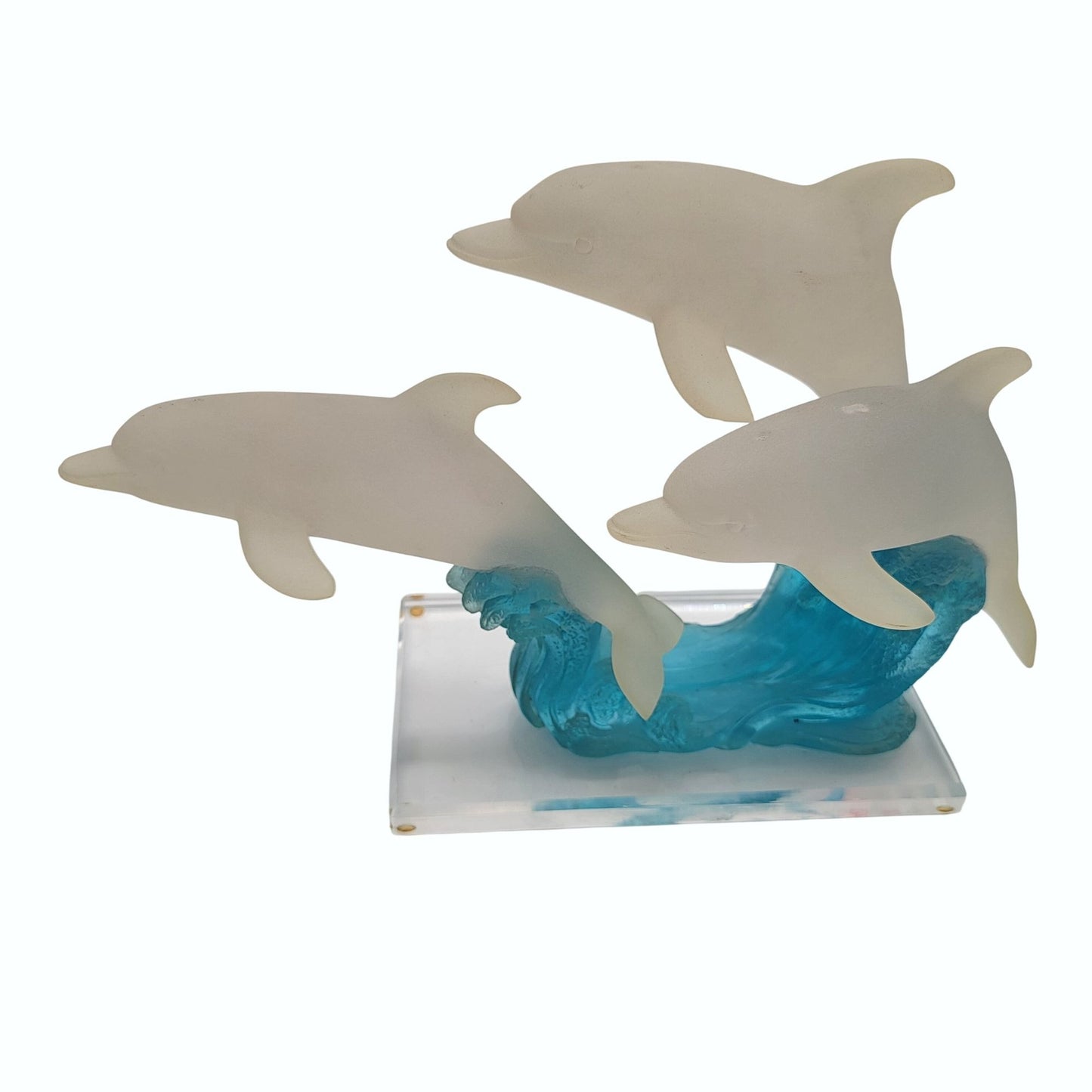 Frosted Lucite Dolphin Sculpture On Blue Wave Base