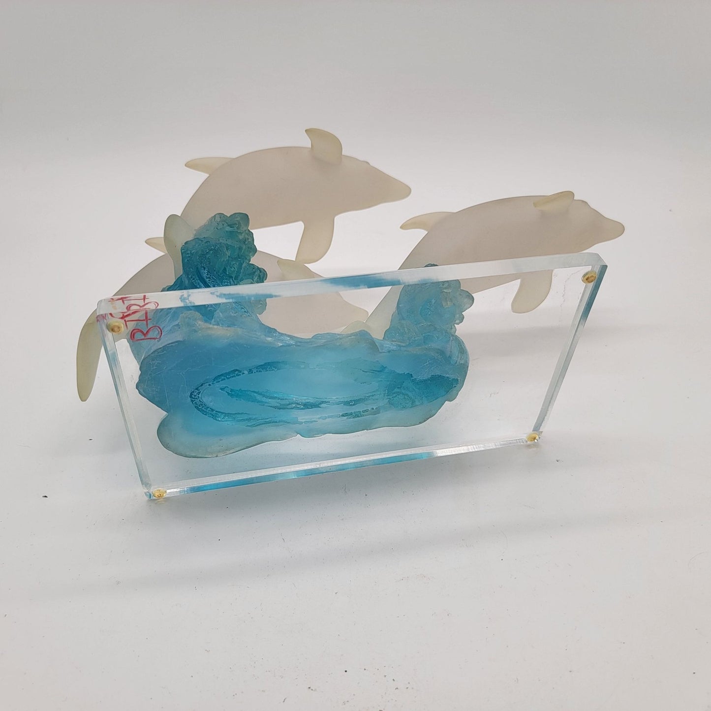Frosted Lucite Dolphin Sculpture On Blue Wave Base
