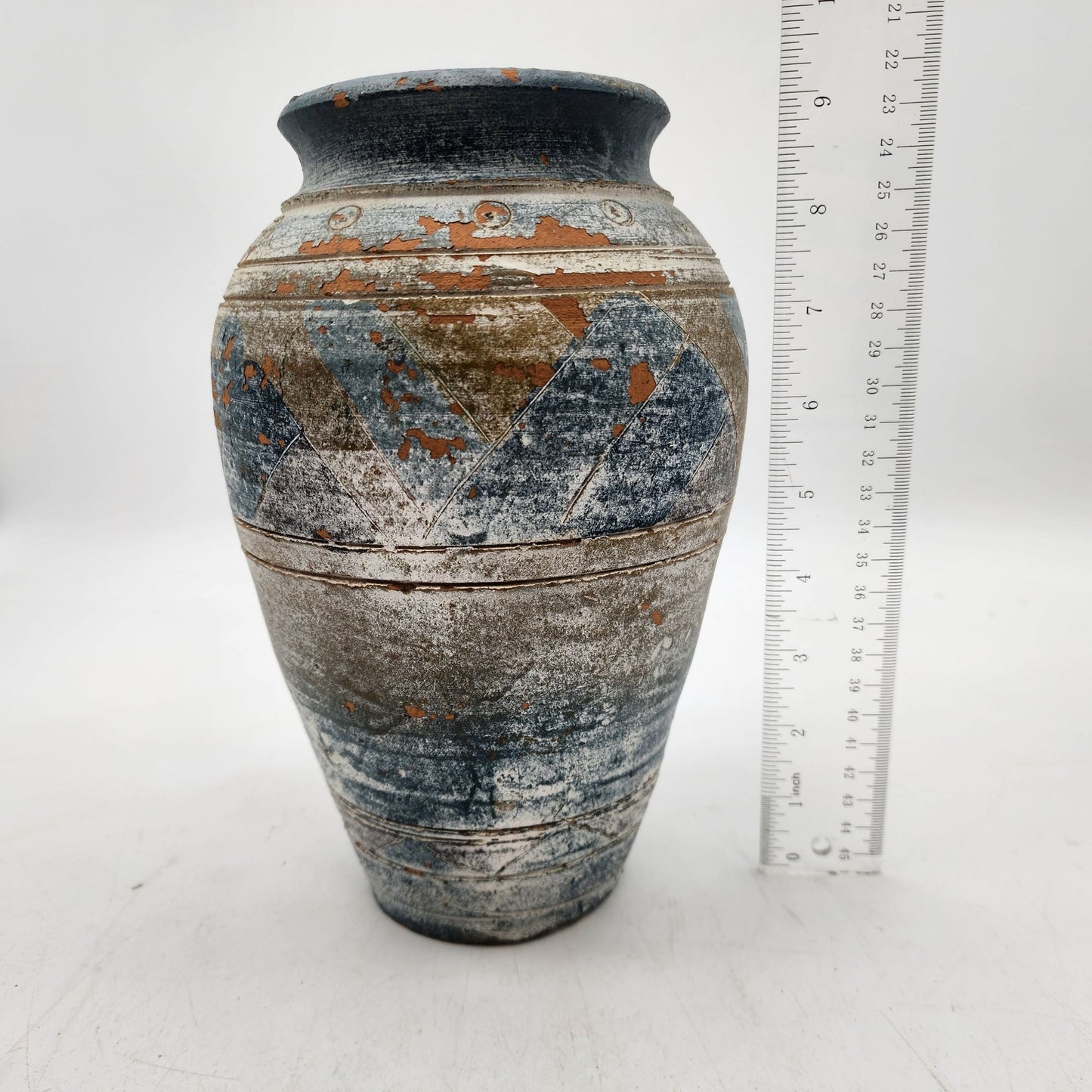 Vintage Hand-Painted Earthenware Vase With Geometric Patterns