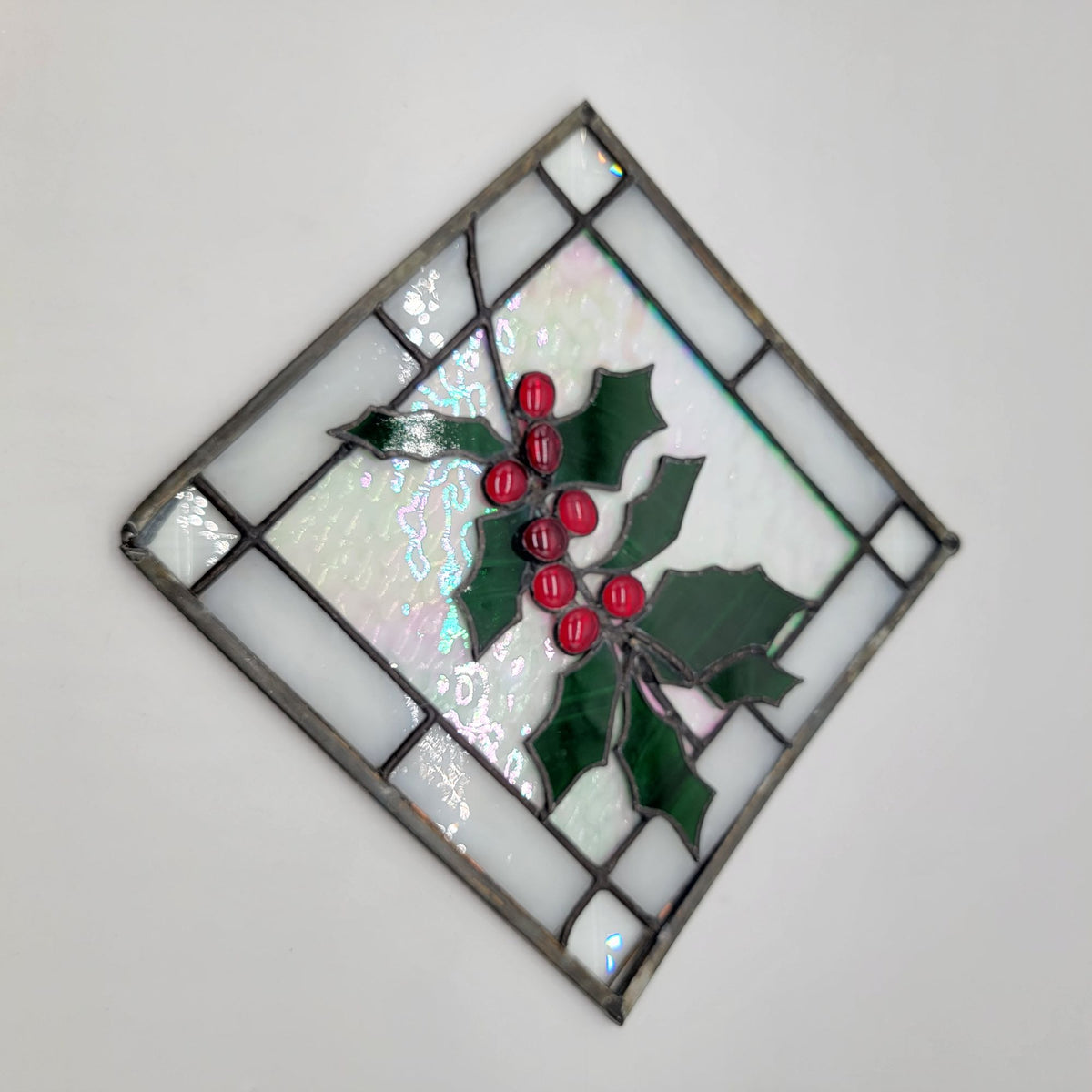 Vintage Fused & Stained Glass Holly & Berries Suncatcher