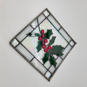 Vintage Fused & Stained Glass Holly & Berries Suncatcher