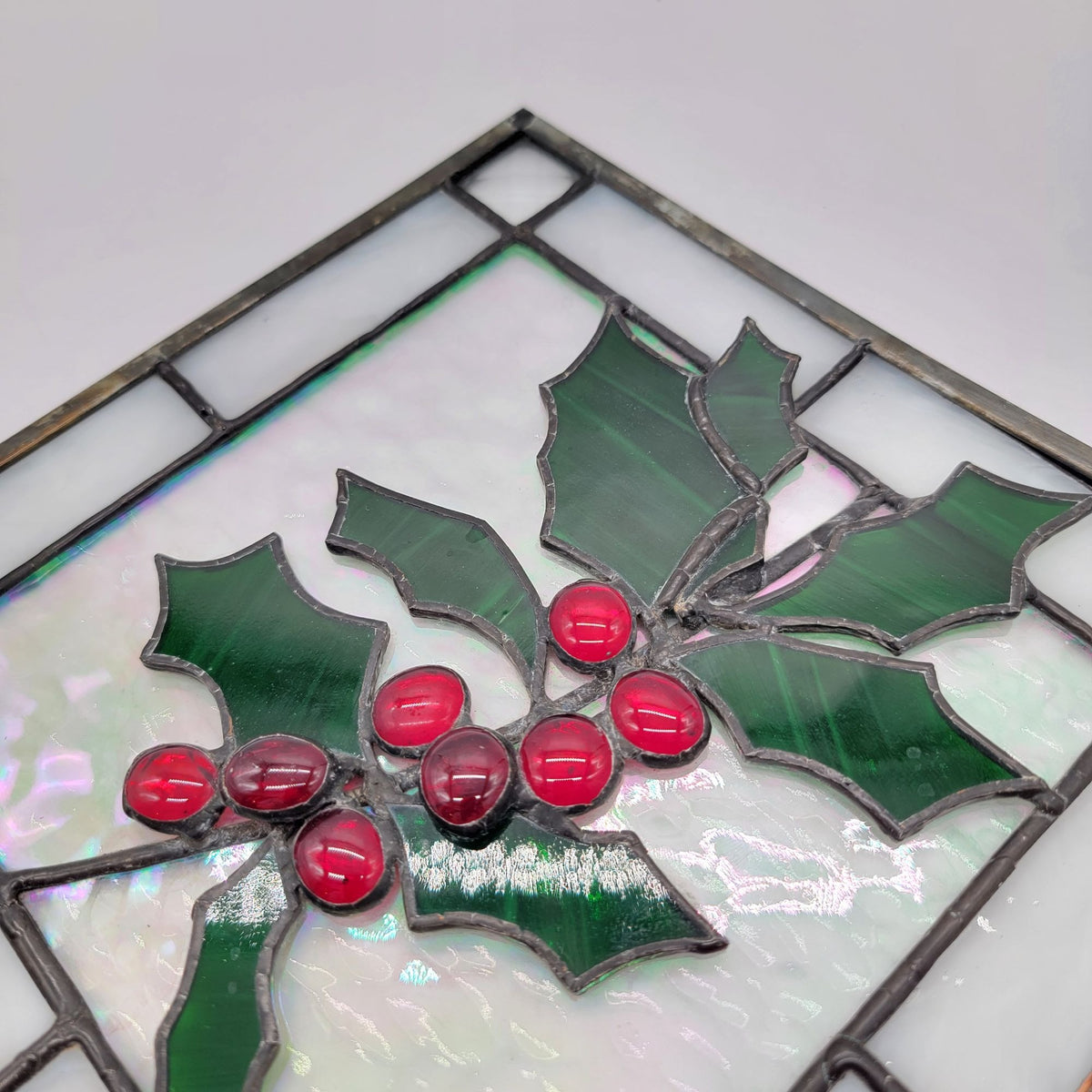 Vintage Fused & Stained Glass Holly & Berries Suncatcher