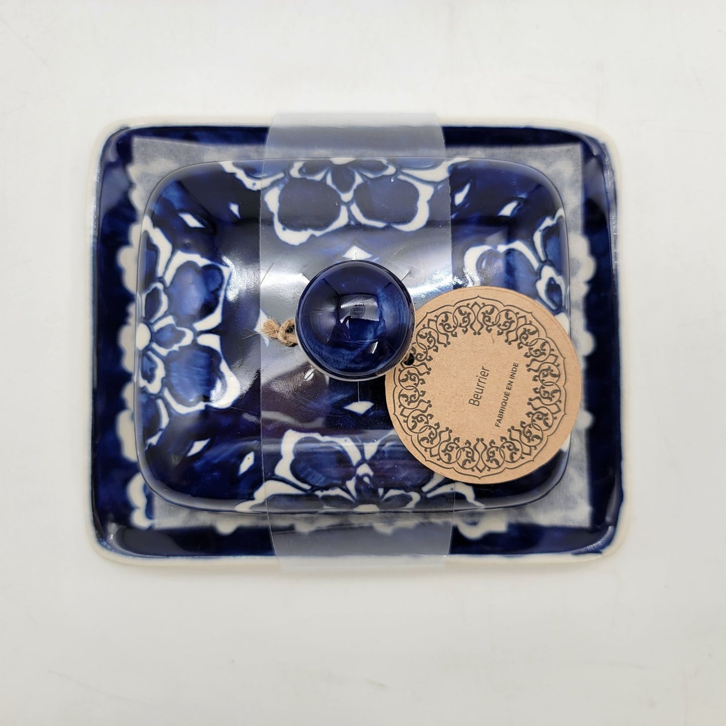 Blue & White Floral Ceramic Butter Dish With Lid