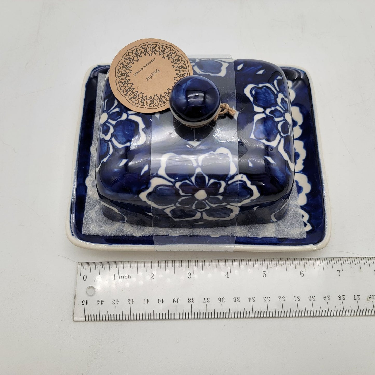 Blue & White Floral Ceramic Butter Dish With Lid