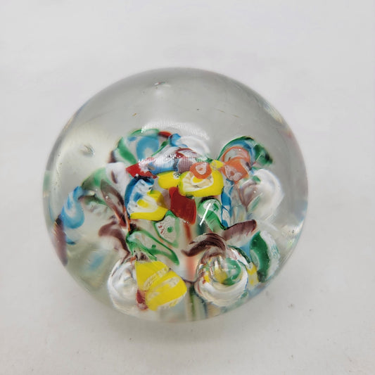 Vintage Millefiori Art Glass Paperweight Clear With Multicolor Swirls