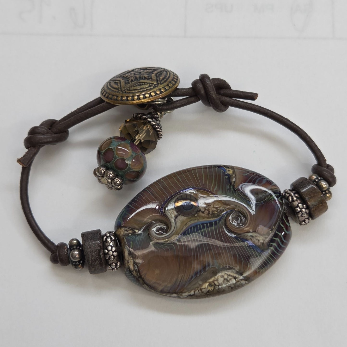 OOAK Artisan Dichroic Art Glass Leather Bracelet With Button Closure & Charm