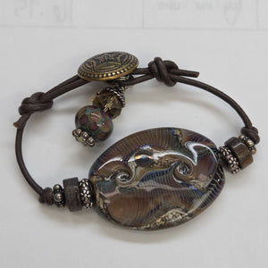 OOAK Artisan Dichroic Art Glass Leather Bracelet With Button Closure & Charm