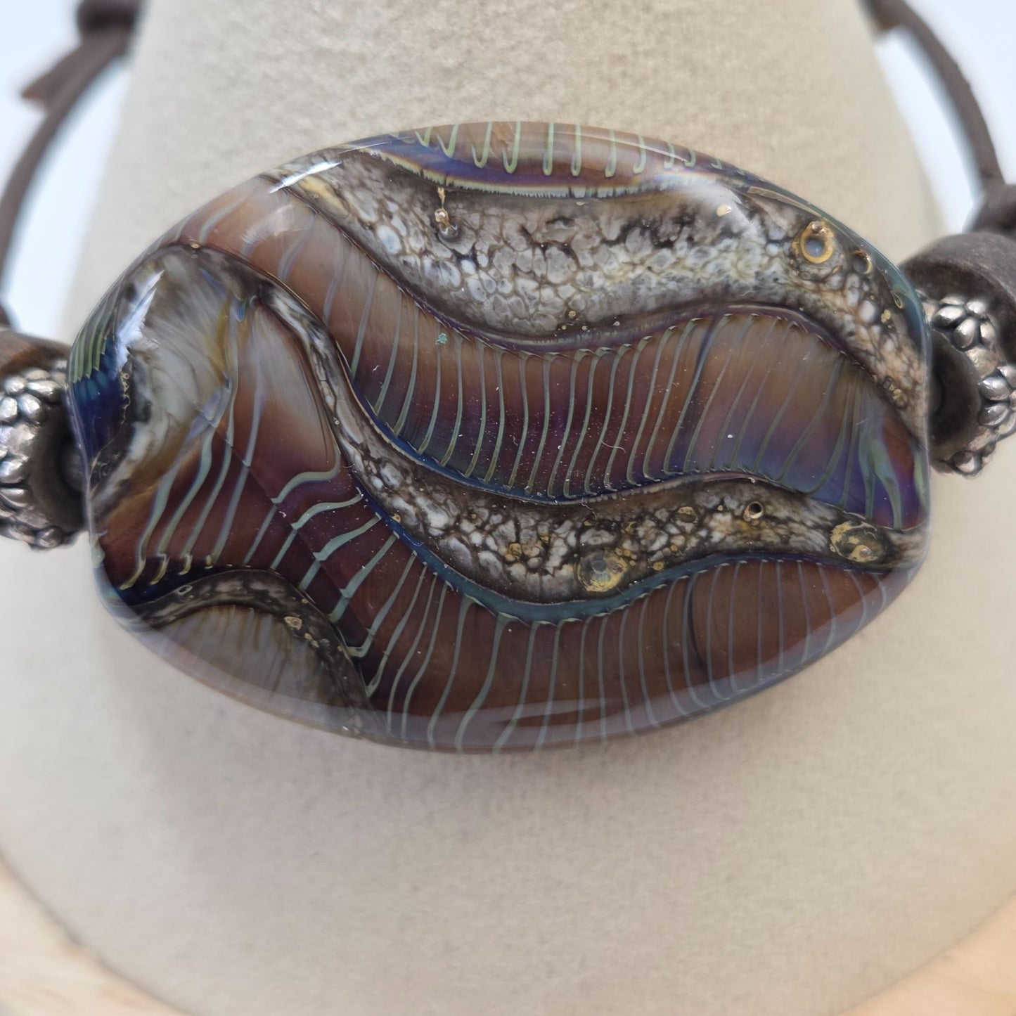 OOAK Artisan Dichroic Art Glass Leather Bracelet With Button Closure & Charm