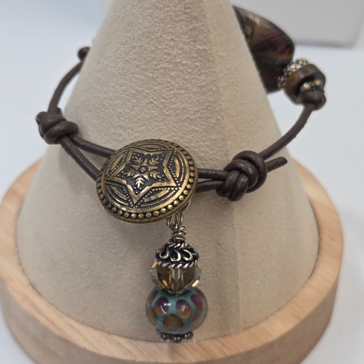 OOAK Artisan Dichroic Art Glass Leather Bracelet With Button Closure & Charm