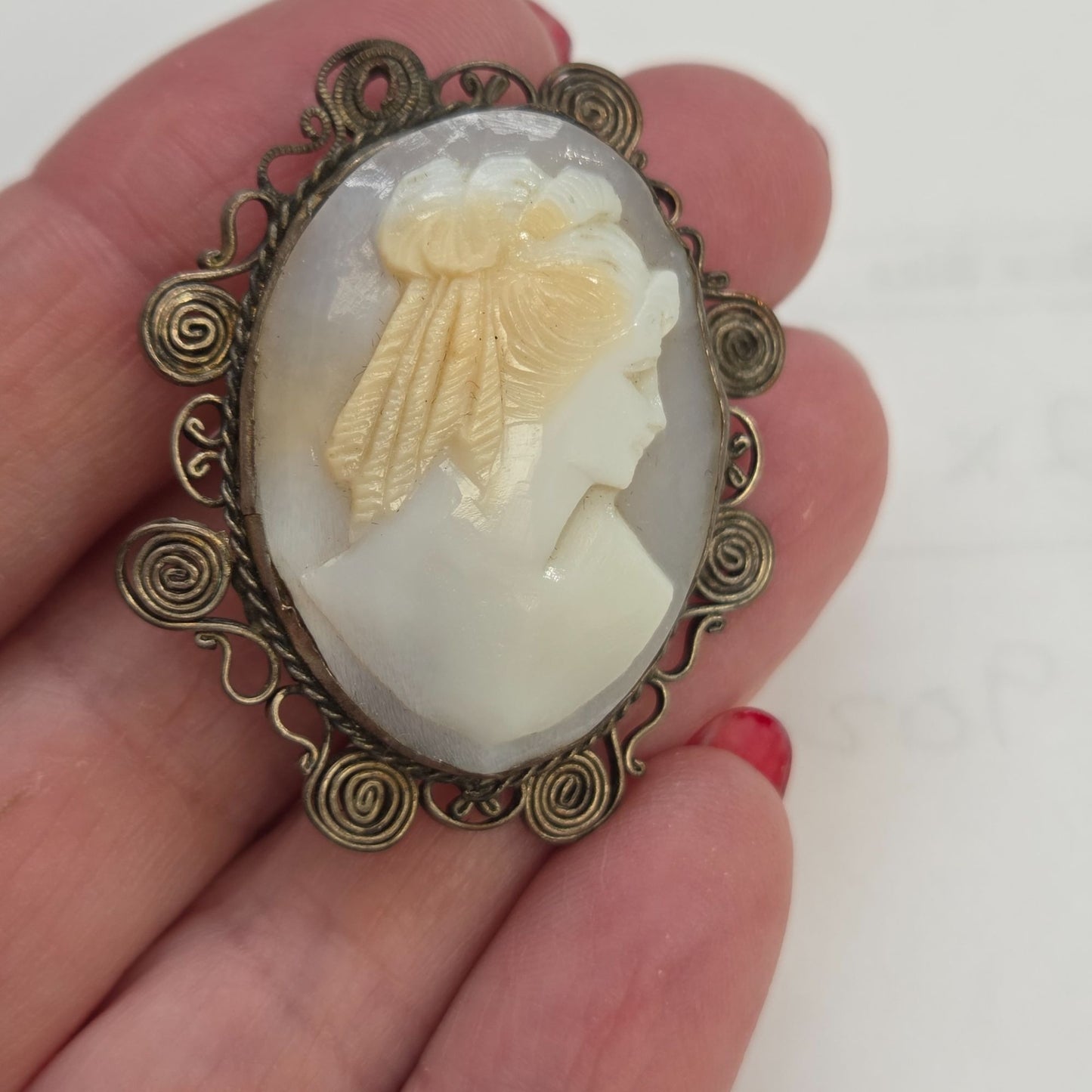 Antique 800 Silver Sardonyx Shell Cameo Pin/Brooch With Etruscan Revival Swirls