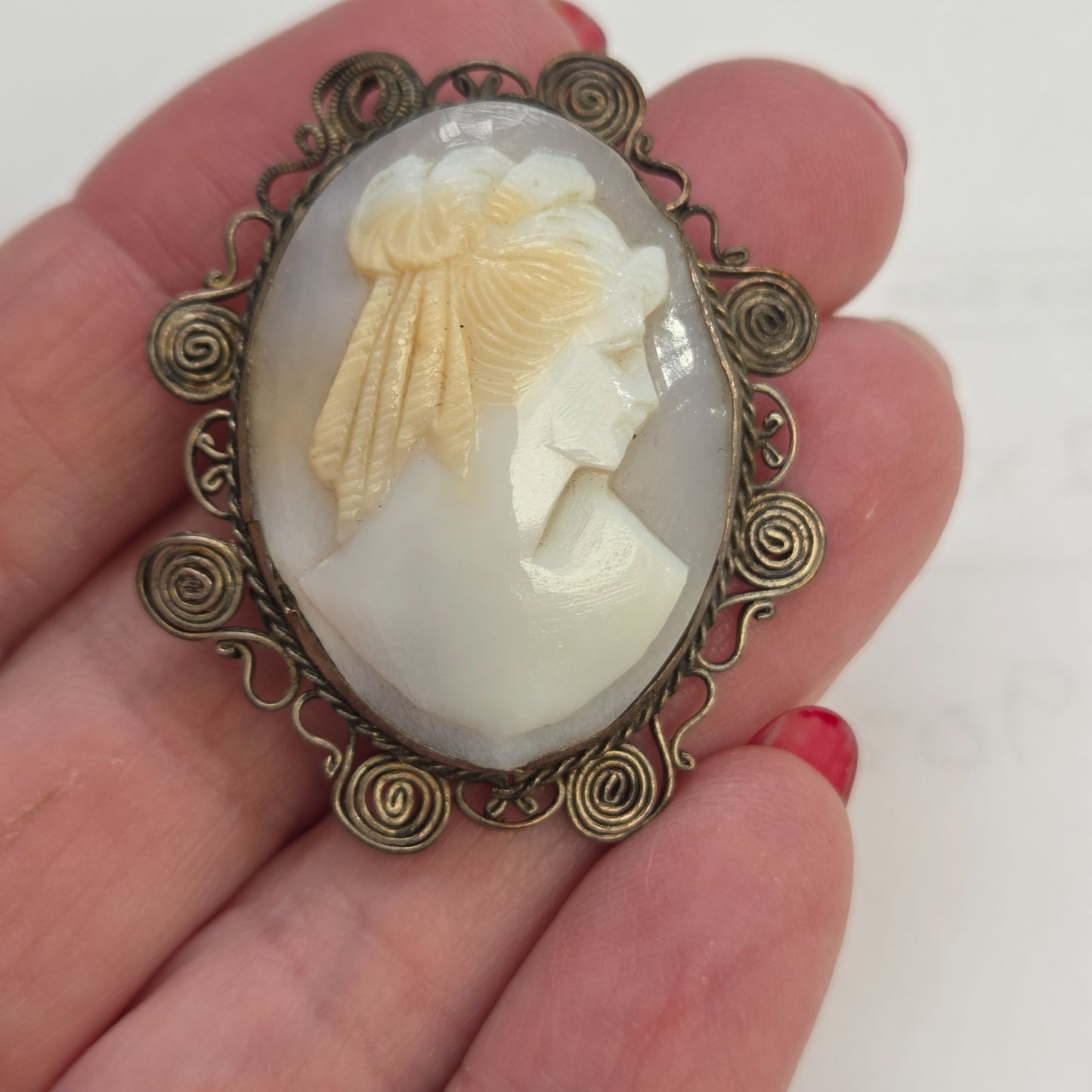 Antique 800 Silver Sardonyx Shell Cameo Pin/Brooch With Etruscan Revival Swirls