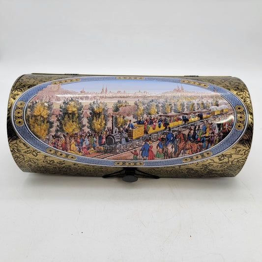 Vintage Tin Cylinder Box With Railway Scene