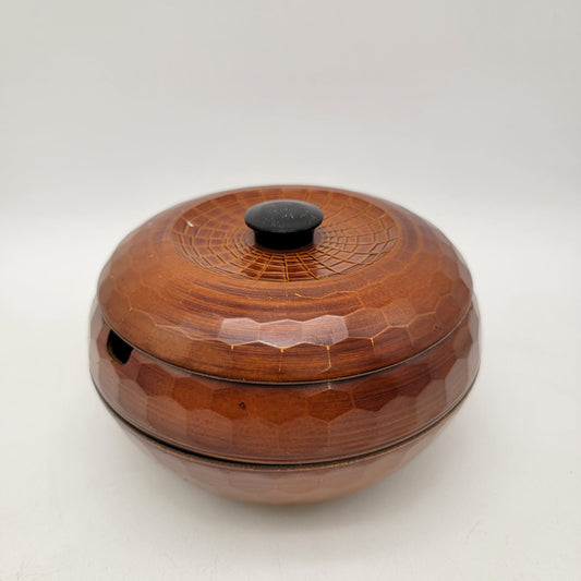 Vintage Japanese Rice Server Bowl w/ Lid Hand Carved Honeycombed Wood Lacquered