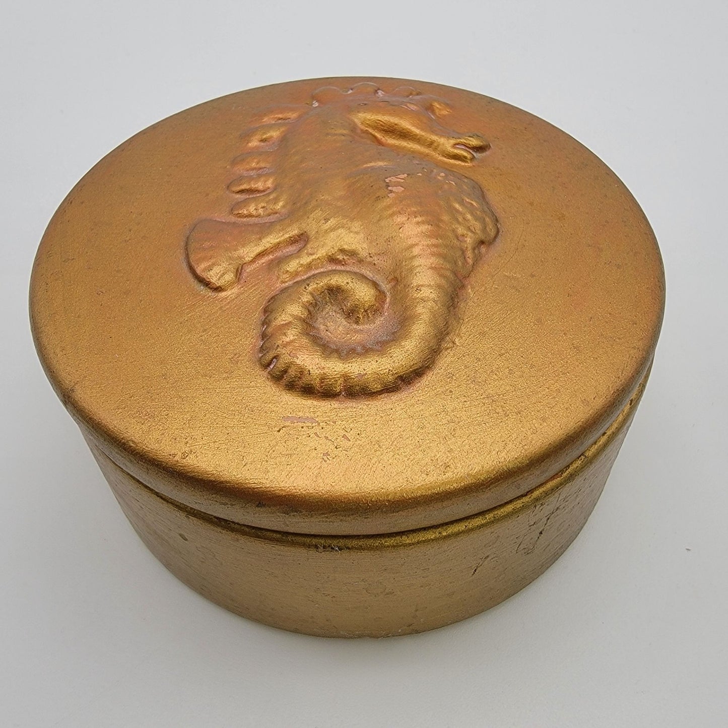 Vintage Seahorse Round Gold Dresser Jar Box
