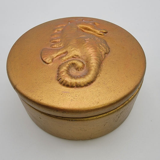 Vintage Seahorse Round Gold Dresser Jar Box