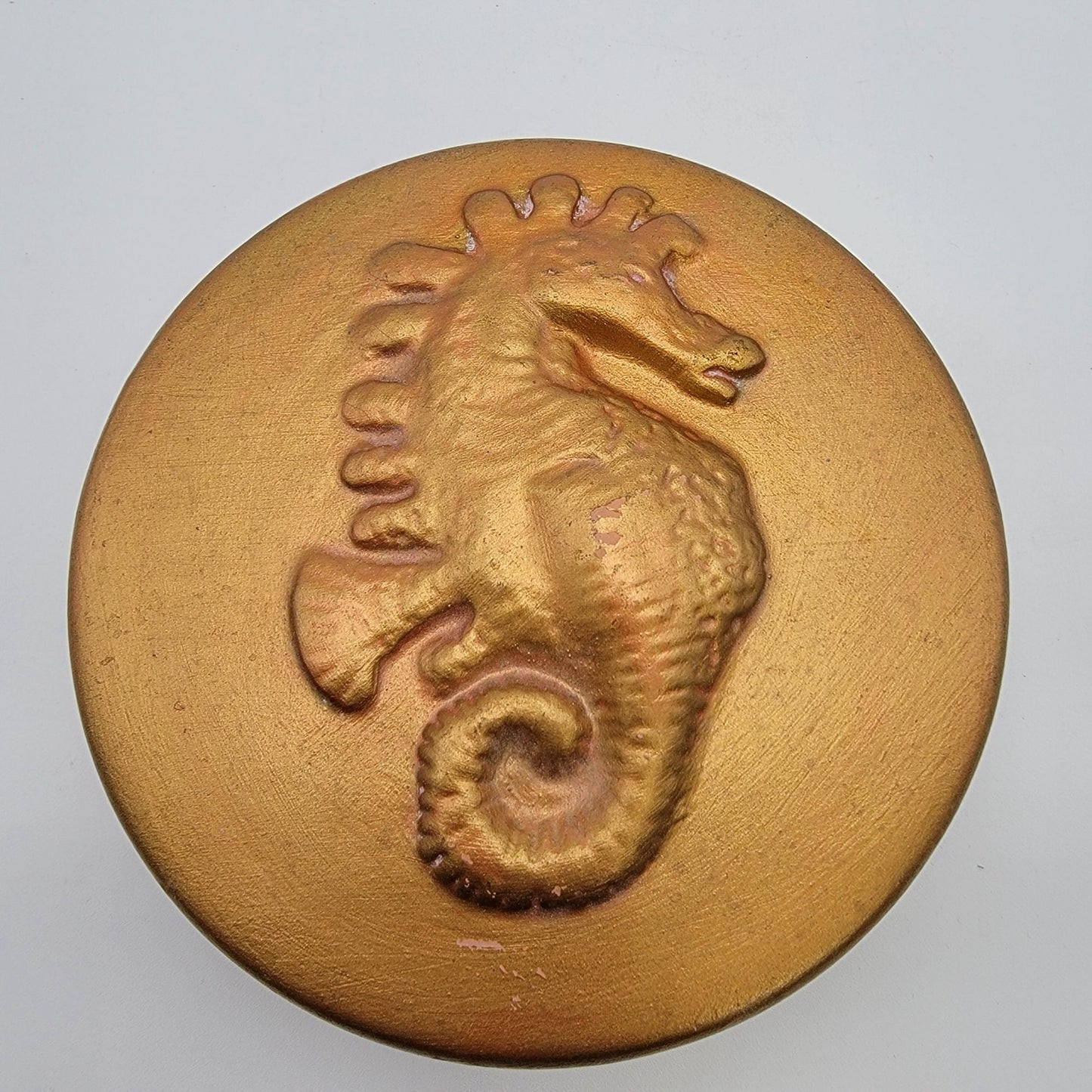 Vintage Seahorse Round Gold Dresser Jar Box