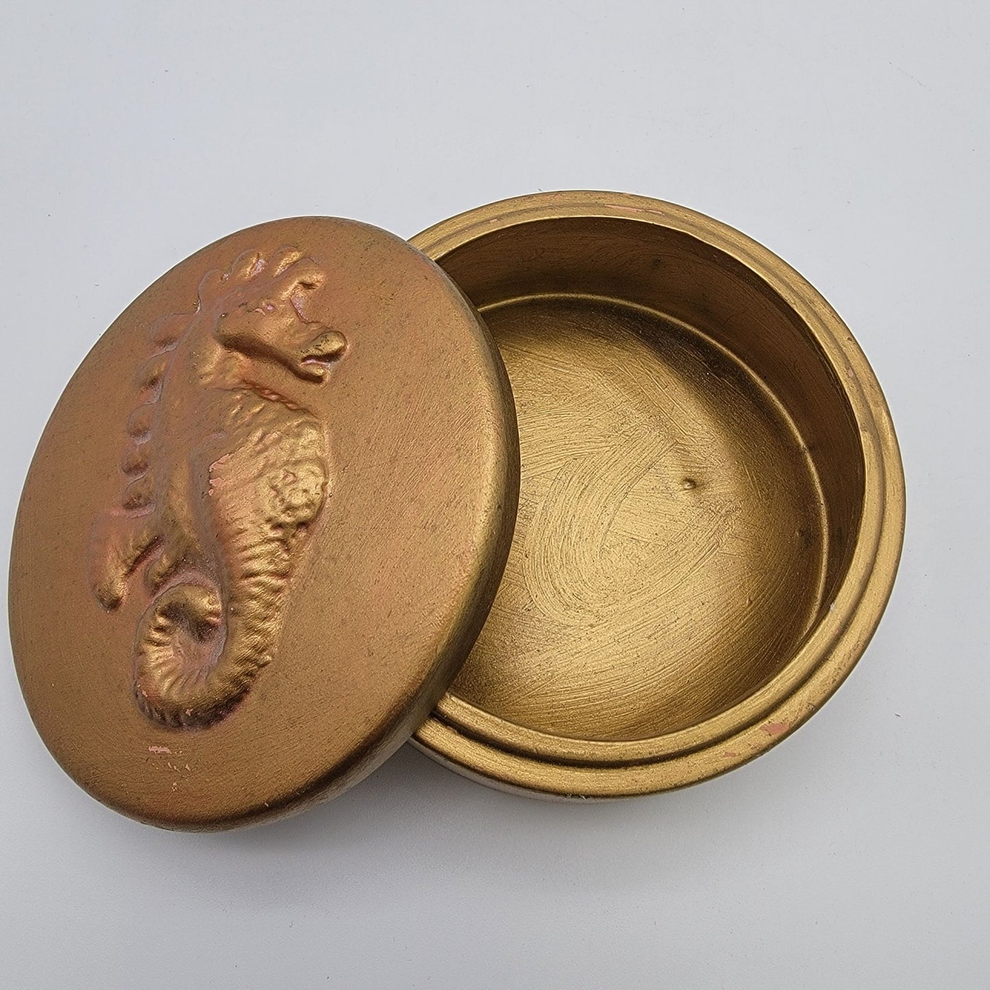 Vintage Seahorse Round Gold Dresser Jar Box