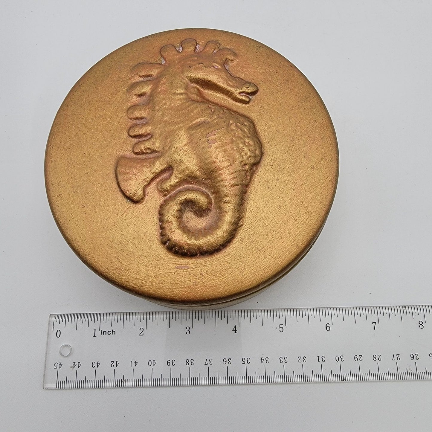 Vintage Seahorse Round Gold Dresser Jar Box