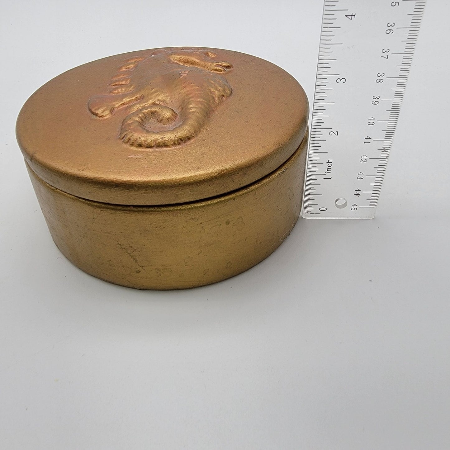 Vintage Seahorse Round Gold Dresser Jar Box