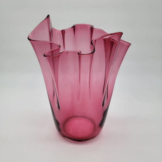 Large Pilgrim Cranberry Glass Handkerchief Vase Ruffled Edge