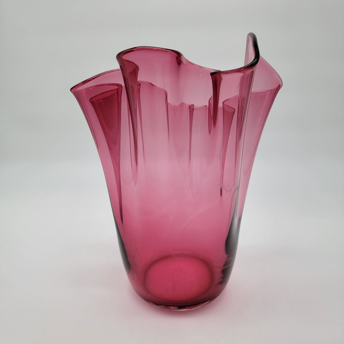 Large Pilgrim Cranberry Glass Handkerchief Vase Ruffled Edge