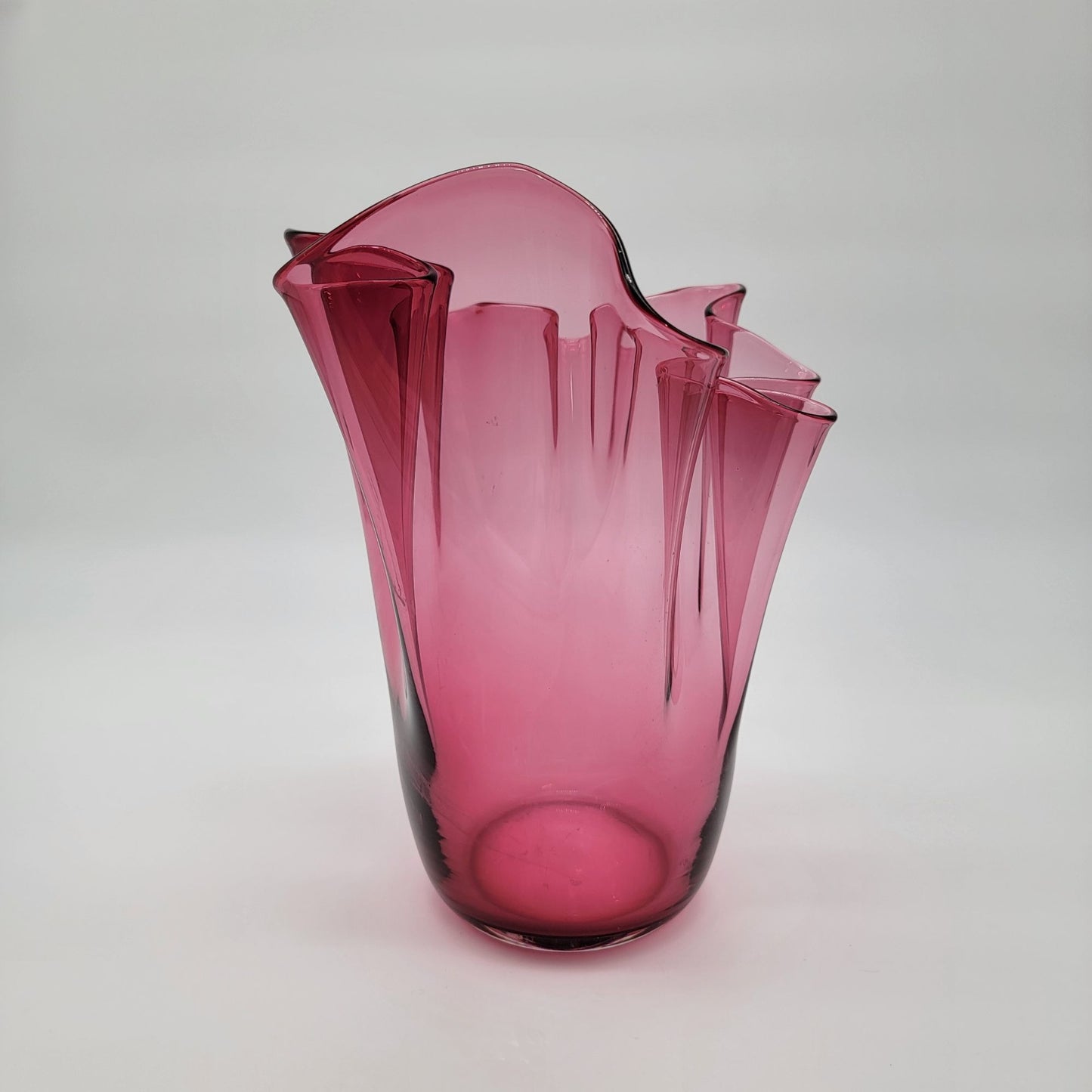 Large Pilgrim Cranberry Glass Handkerchief Vase Ruffled Edge