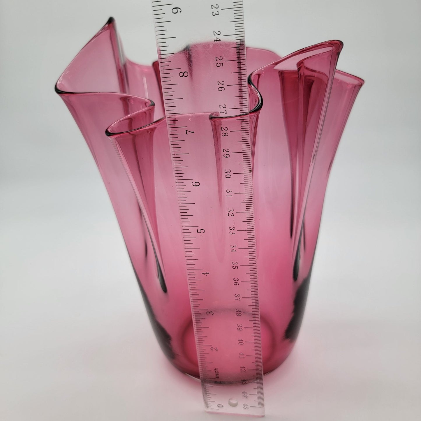 Large Pilgrim Cranberry Glass Handkerchief Vase Ruffled Edge