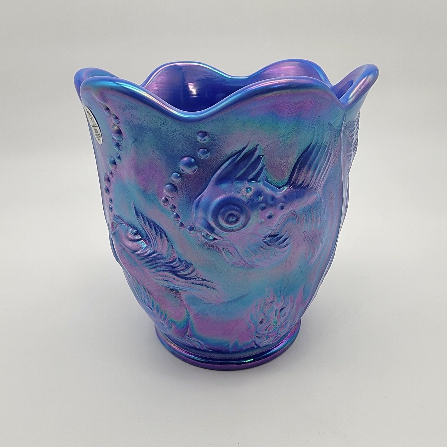 Fenton Glass 2004 Atlantis Periwinkle Iridescent Blue Fish Vase