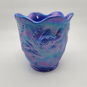 Fenton Glass 2004 Atlantis Periwinkle Iridescent Blue Fish Vase