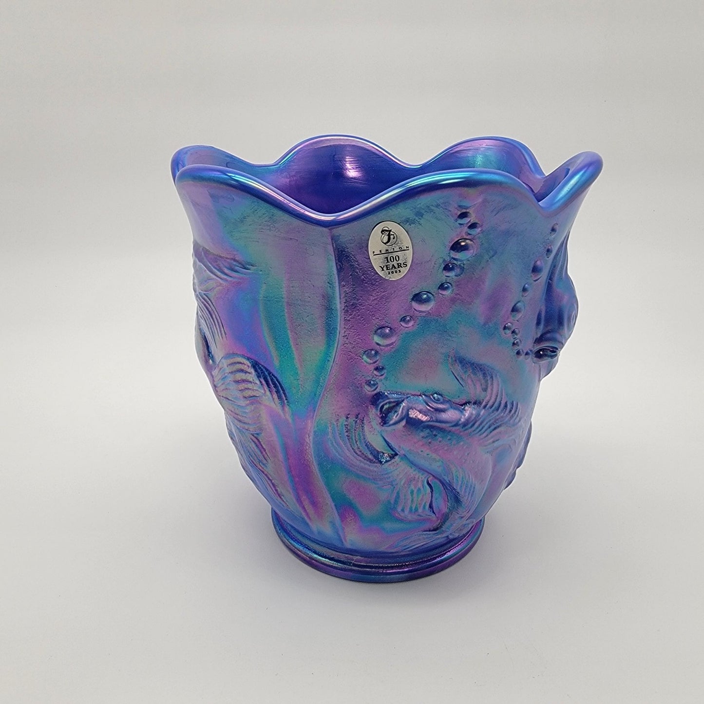 Fenton Glass 2004 Atlantis Periwinkle Iridescent Blue Fish Vase